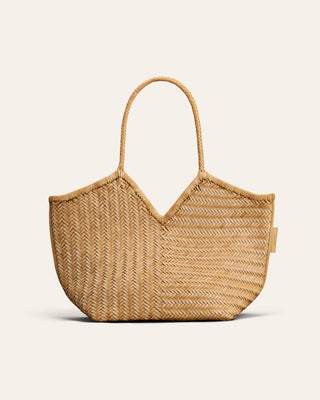 A natural woven straw tote bag with a V-shaped top and double shoulder straps, shown against a solid off-white background.