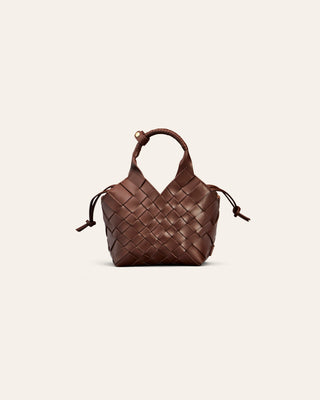 Brown handbag with a silver clasp on a white background