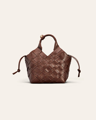 A brown woven shoulder bag in 100% leather on a beige background used for product image