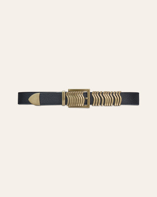 A black leather belt with gold details on a white background