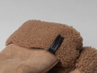 A pair of brown shearling leather mittens with a cuff design, displayed against a plain background.