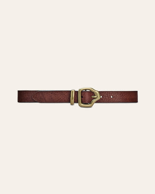 A burgundy leather belt with a gold buckle