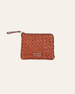 Brown woven pouch with a visible brand logo on a beige background