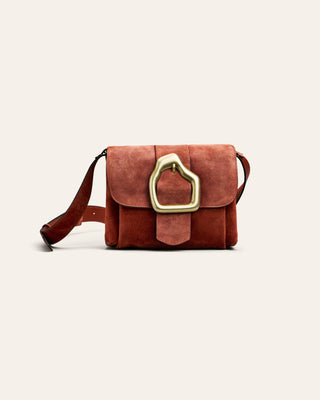 Red suede bag with gold buckle on a light beige background