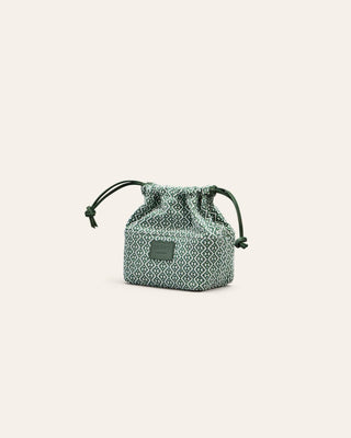 Cala Jade Small drawstring  cotton pouch with geometric pattern on a light gray background