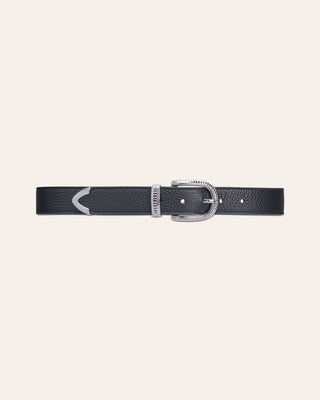 A black leather belt with a silver-tone metal buckle and a decorative chevron-shaped tip, displayed horizontally on a light cream background.