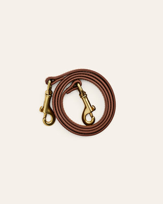A brown leather shoulder stap with brass clasps on a beige background