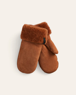 Pair of brown mittens with fur trim on a beige background