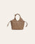 Dark beige woven handbag on a light beige background