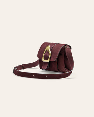 Burgundy bag with a gold buckle on a light beige background