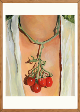 Artistic depiction of a person with tomatoes on their skin, framed in wood.