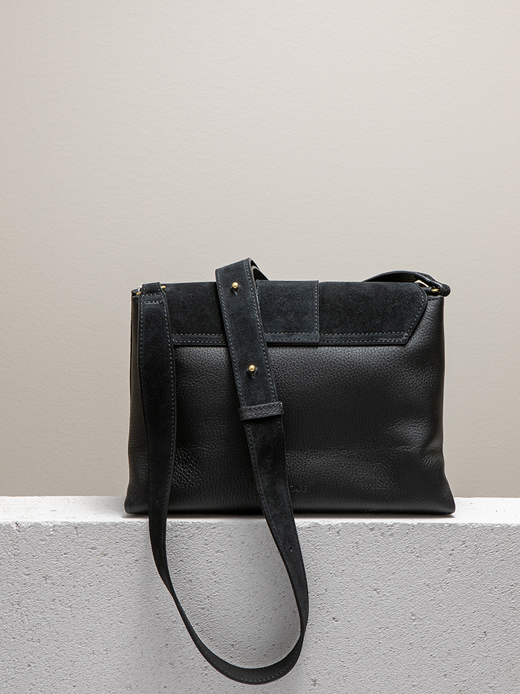 Cala Jade black suede shoulder bag with gold buckle