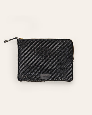 Cala Jade medium sized black leather pouch on a beige background