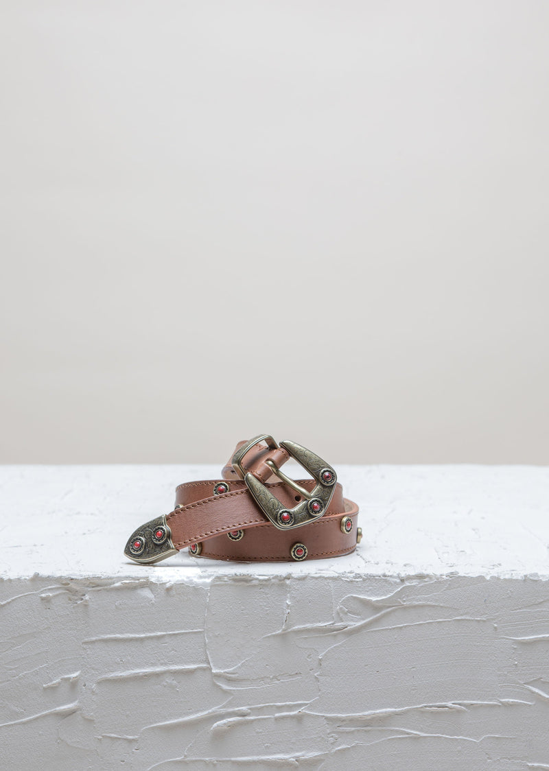 Cala Jade brown leather belt with red studs