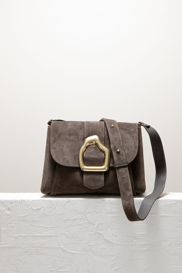 Cala Jade brown suede shoulder bag with gold buckle