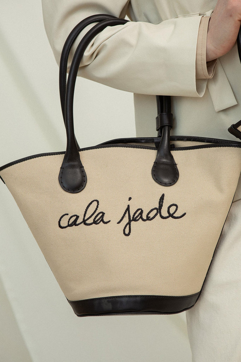 Cala Jade Sandhi canvas tote bag on model