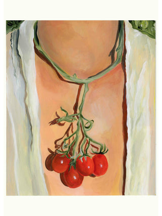 Artistic depiction of a vine with red tomatoes on a textured background